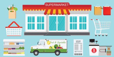 Süpermarket mağaza konsepti ile gıda alışveriş rafları, sepeti ve sepet, ürün çeşitliliği, tasarım ödeme seçenekleri ve teslim simgeler vektör çizim.