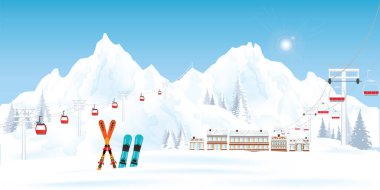 Teleferik veya hava Asansör ile kayak ve kış manzara dağlar ve karlı ormanı, vektör çizim evde ile karşı yerden hareket teleferik.