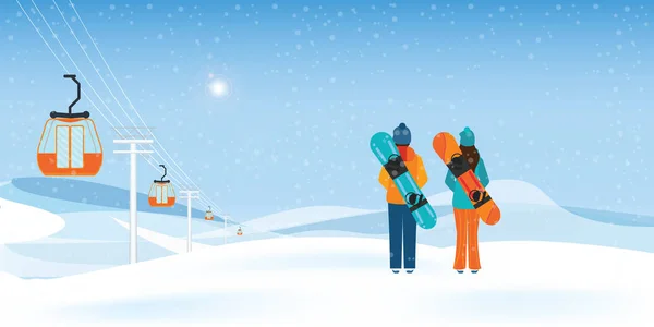 夫妇滑雪板站立与滑雪板和缆车或空中电梯移动在地面反对冬天风景 冬天体育和娱乐 寒假假期向量例证 — 图库矢量图片