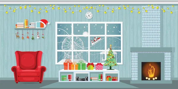 Fête Noël Dans Salon Avec Fauteuil Table Horloge Cheminée Intérieur — Image vectorielle