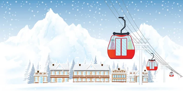 Skigebiet Mit Seilbahnen Oder Luftseilbahn Gegen Berge Und Haus Verschneiten — Stockvektor