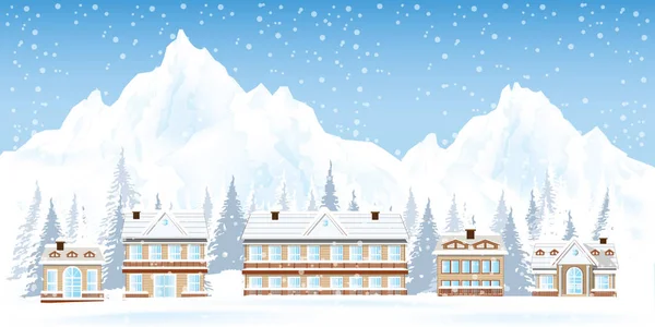 Estación Esquí Con Montañas Casa Bosque Nevado Ilustración Vectorial — Vector de stock