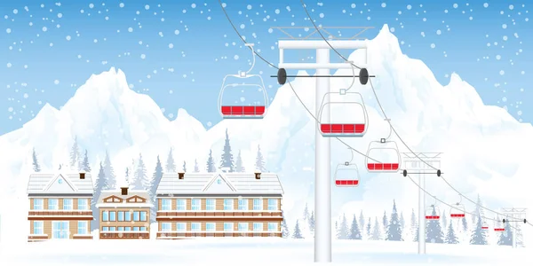 Estación Esquí Invierno Con Telesilla Que Mueve Por Encima Del — Vector de stock