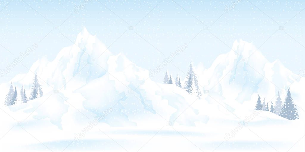 Watercolor illustration of winter mountains landscape with pines and hills, vector illustration.