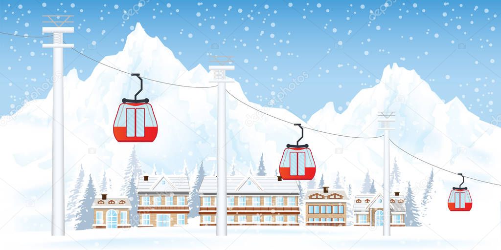 Ski resort with cable cars or aerial lift moving above the ground against mountains and house in the snowy forest , vector illustration.
