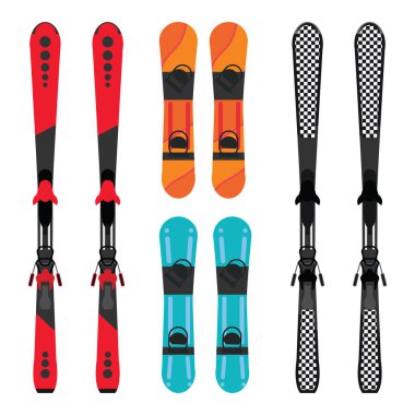 Snowboard ve kayak ekipmanları, kış donanımları tasarlamak vektör kümesi.