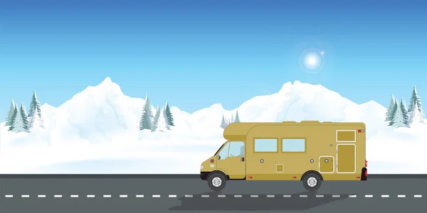 Τροχόσπιτο Διακοπων Στο Χειμερινό Ταξίδι Διακοπών Επίπεδη Σχεδίαση Εικονογράφηση Φορέα — Διανυσματικό Αρχείο
