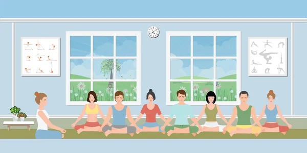 Groupes Personnes Pratiquant Méditation Relaxant Dans Salle Intérieure Mode Vie — Image vectorielle