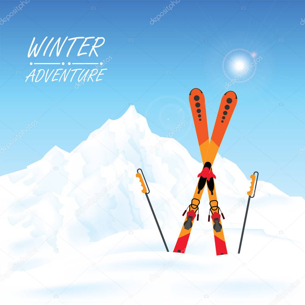 Winter adventure conceptual, winter ski resort against winter landscape, winter sport and recreation, winter holiday vacation vector illustration.