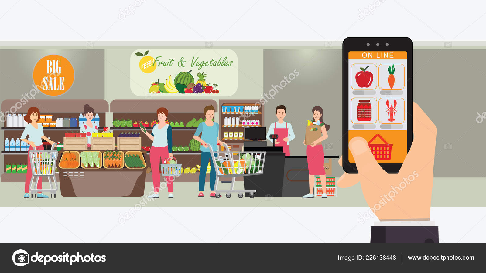 Hand Holding Smartphone Shopping App Interior Store Grocery Delivery  Internet Stock Vector Image by ©poemsuk #226138448