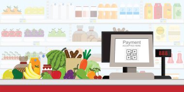 Yazarkasa elektronik Qr kodu ödeme süpermarkette, perakende satış para, vektör çizim olmadan dijital ödeme kabul.