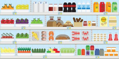 Süpermarket raflarında yiyecek ve içecekler, meyve, sebze, ekmek, süt ve bakkal, vektör çizim ile