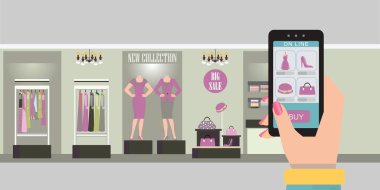 E ticaret web sitesi veya uygulama, iç giyim mağazası akıllı telefon ürünleri raflarda, vektör çizim ile online alışveriş.