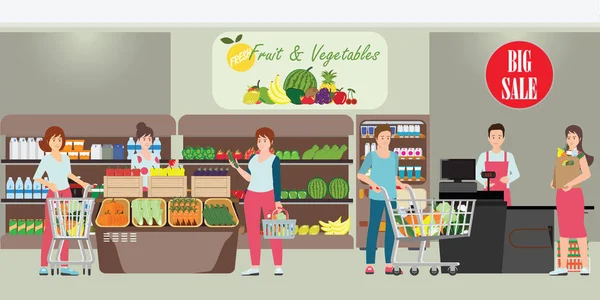 Kunde Und Kassierer Supermarkt Menschen Die Lebensmittelgeschäft Einkaufen Charakter Cartoon — Stockvektor