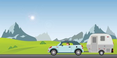 Mutlu çift, araba sürüş yolda tatil güneşli bahar gününde aile tatil seyahat, kamyonet ve karavan, karavan arabaya düz vektör tasarlamak tatil tatil gezisi.