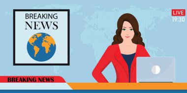 Başlık veya düz stil vektör çizim bir stüdyoda oturan son dakika Haberler kadın muhabir sunucu. 