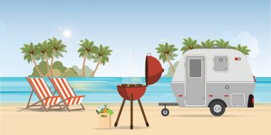 Plaj ve piknik açık barbekü, yaz tatili, tatil gezisi kamyonet ve karavan vektör çizim ile Retro karavan.