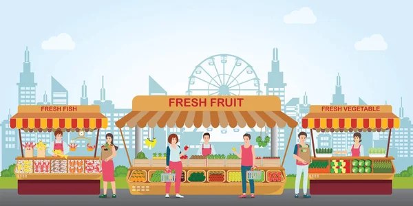 Lokale Markt Plaats Met Verse Levensmiddelen Vismarkt Verse Groenten Fruit — Stockvector