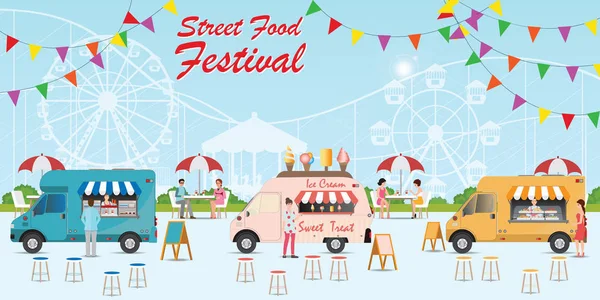 Street Food Truck Festival Con Comida Bebida Con Gente Comprando — Vector de stock