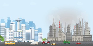 Kentsel şehir peyzaj Çağdaş binalar ve endüstriyel duman bulutlar gökyüzü, Polluting çevre endüstriyel kavramsal vektör çizim.