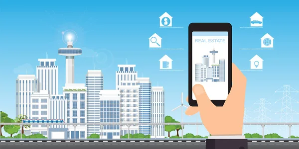 Real Estate App Έννοια Οθόνη Κινητού Τηλεφώνου Αναζήτηση Ενός Σπιτιού — Διανυσματικό Αρχείο