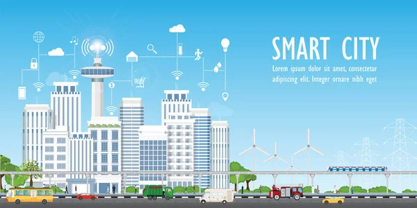 Smart City Sur Paysage Urbain Avec Différentes Icônes Éléments Paysage — Image vectorielle