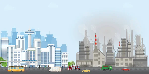Urban City Landscape Contemporary Buildings Industrial Smoke Clouds Sky Polluting — Stock Vector