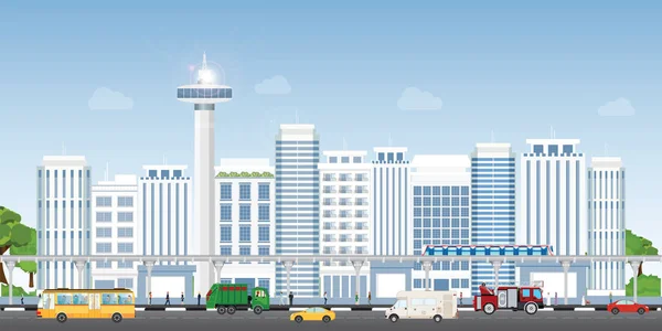 Paisaje Urbano Con Edificios Contemporáneos Personas Transporte Concepto Vida Urbana — Vector de stock