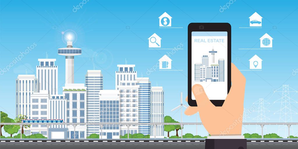 Real estate app concept on a mobile phone screen, searching a house, apartment or property to buy or rent building online on internet conceptual vector illustration.