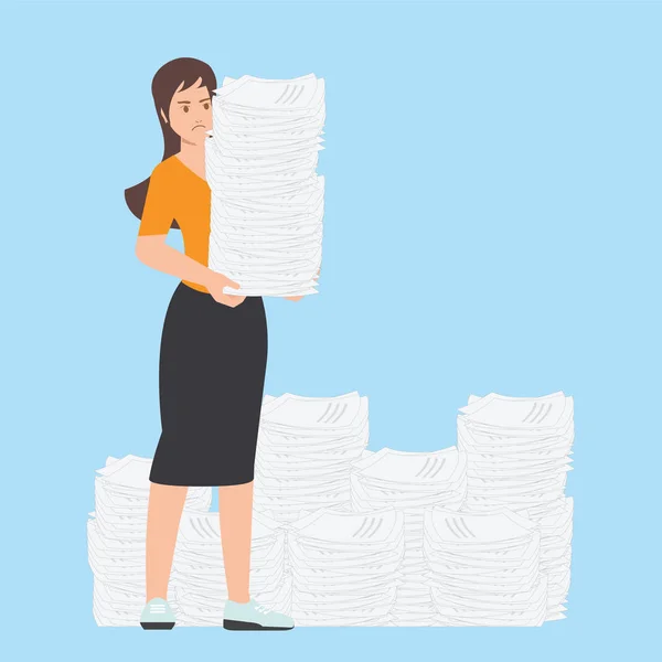 Busy Business Woman Stack Office Paper Overworked Employee Isolated Background — Stock Vector