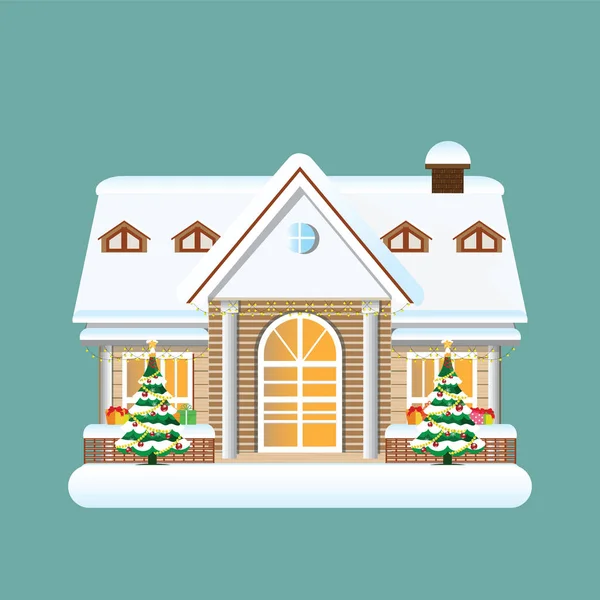 Edificio Feliz Navidad Adorno Vacaciones Con Árbol Navidad Regalos Feliz — Vector de stock