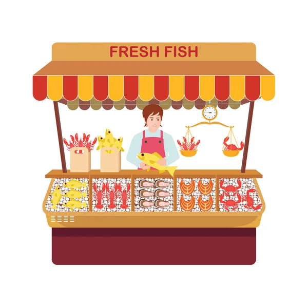 Fischmarkt Mit Verkäufern Und Meeresfrüchten Verkäufer Von Fisch Und Ihre — Stockvektor