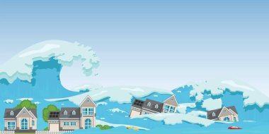 Ev tsunami dalgaları tarafından yok edildi. Tsunami Tsunami ev ve araba yoldan, ile doğal afetler vektör çizim yıkama.