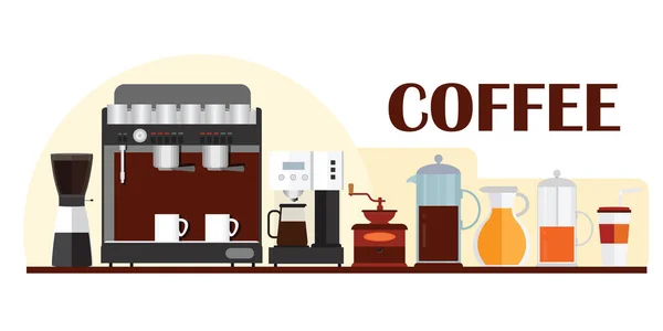 Plantilla Colorida Para Diseño Pancartas Con Equipos Café Cafetera Iconos — Vector de stock