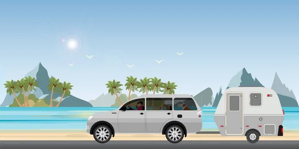 Caravan Car Driving Car Road Beach Holiday Vacanza Famiglia Viaggio — Vettoriale Stock