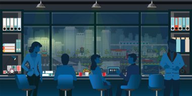 Ofis iç modern iş adamları ile çalışma, co coworking alarak gece cityscape ile pencerenin önünde birlikte görüntülemek dışında vektör çizim.