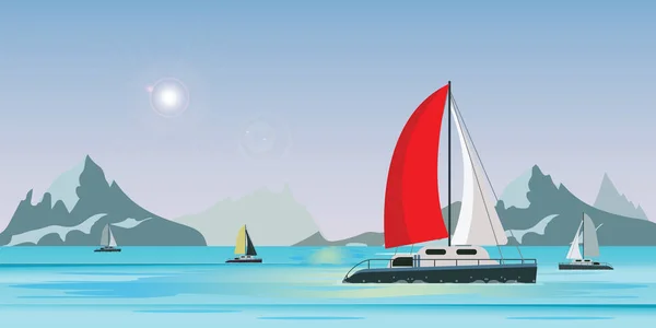 Blue sea view with luxury sailing ship yacht in the sea on lake — Stock Vector