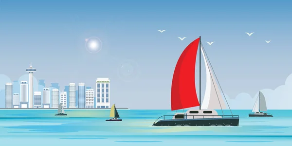 Niebieski widok na morze z luksusowym jachtem żaglowiec w morzu na miasto — Wektor stockowy