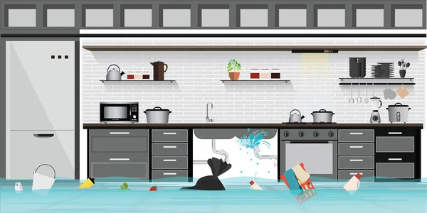 Suelo de sótano inundado interior de cocina con tubería con fugas — Vector de stock