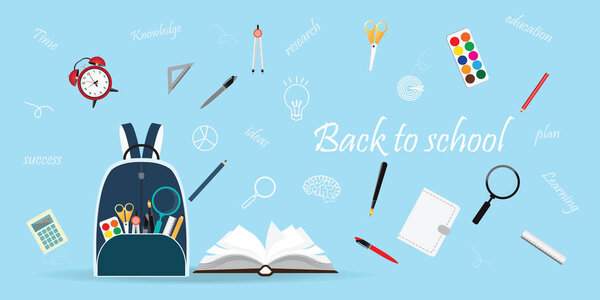 School bag with education objects on blue background.