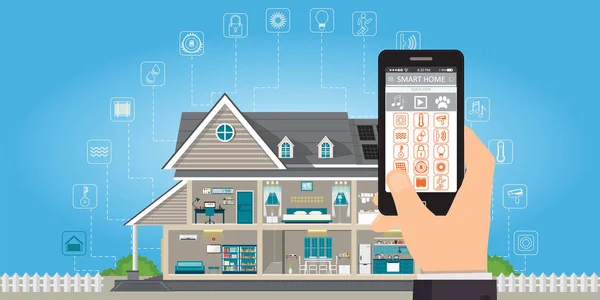 手持ちスマートフォン付きスマートホーム. — ストックベクタ