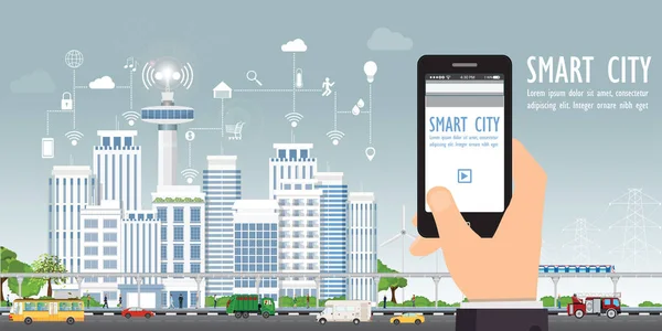 Smart város a városi táj kéz gazdaság okostelefon. — Stock Vector