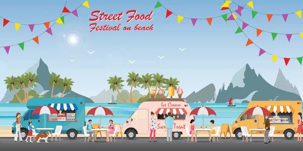 Utcai élelmiszer-teherautó fesztivál a strandon. — Stock Vector