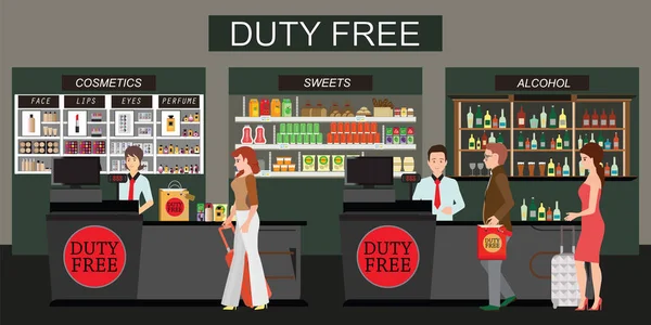 Persone felici in piedi al bancone in duty free negozio isolato — Vettoriale Stock