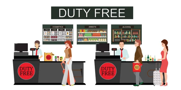 Människor som står vid disken i Duty Free Store isolerad på WH — Stock vektor