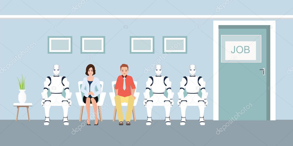 People and Robot Queue waiting for Job Interview at Office.