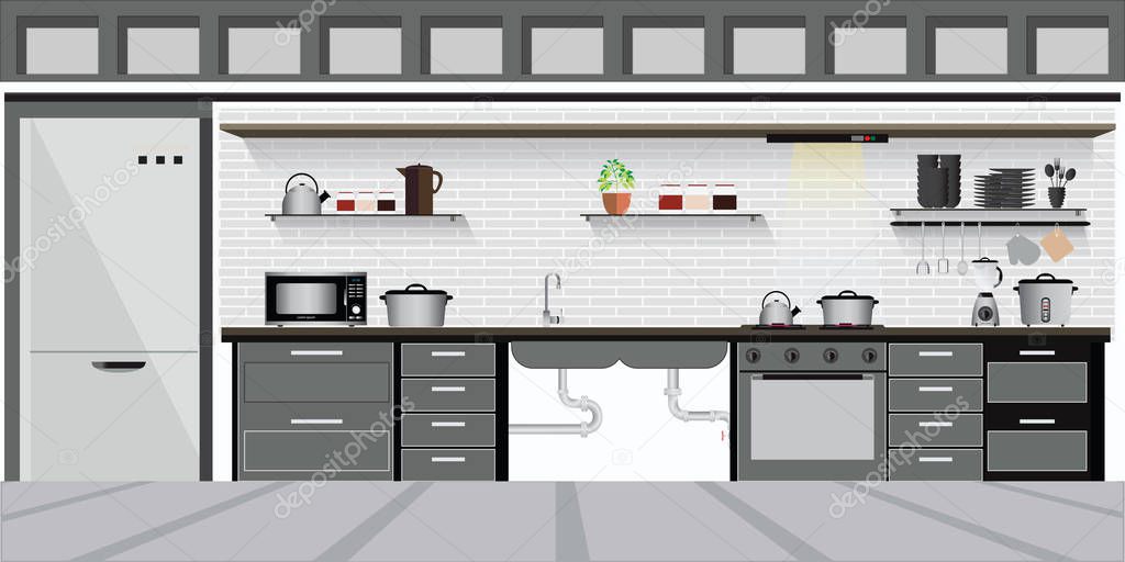 Modern Interior kitchen with kitchen shelves.