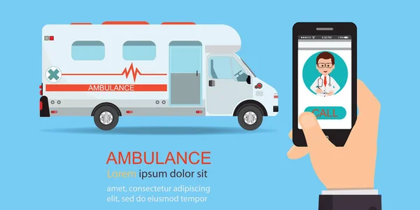 Call ambulance car via mobile phone. — Stock Vector
