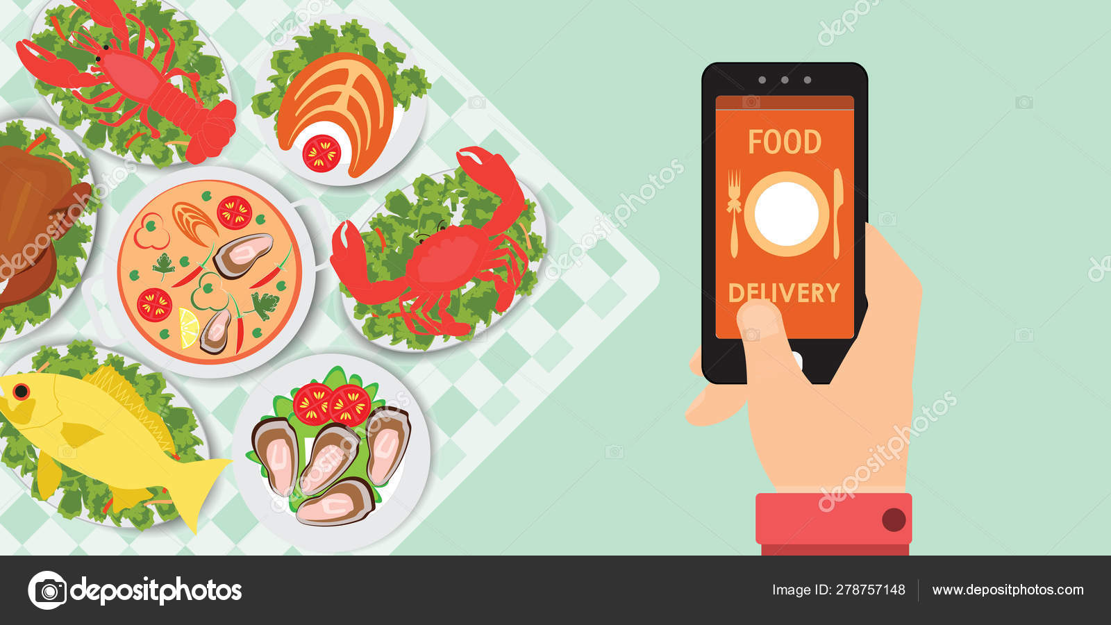 Food Delivery App On A Smartphone With Foods. — Векторное 