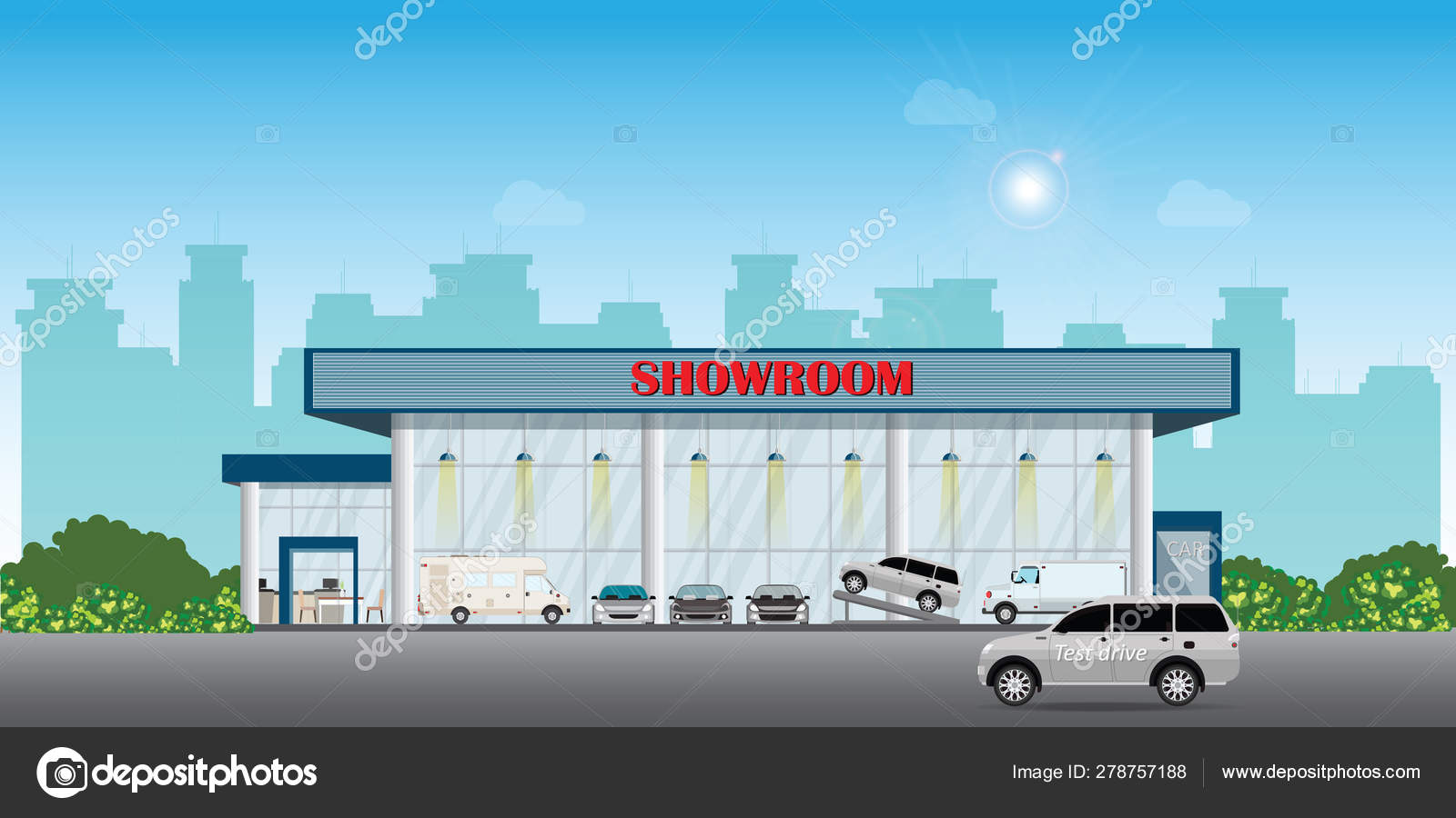 Modern car dealership centre showroom building includes cars on Stock